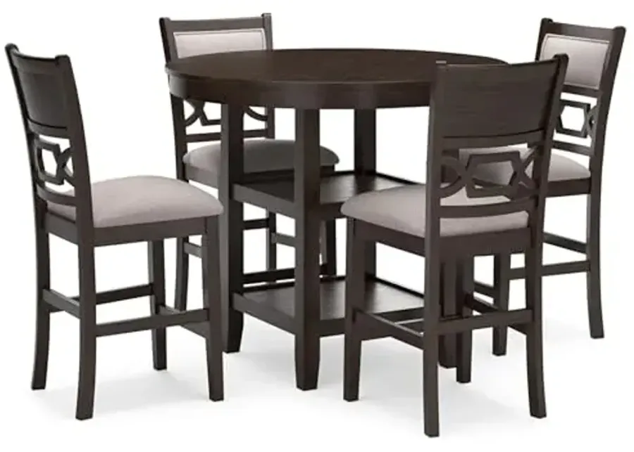 Signature Design by Ashley Langwest Transitional Diamond Patterned Counter Height Dining Table and 4 Upholstered Bar Stools, Set of 5, Dark Brown & Beige-Cherry Brown