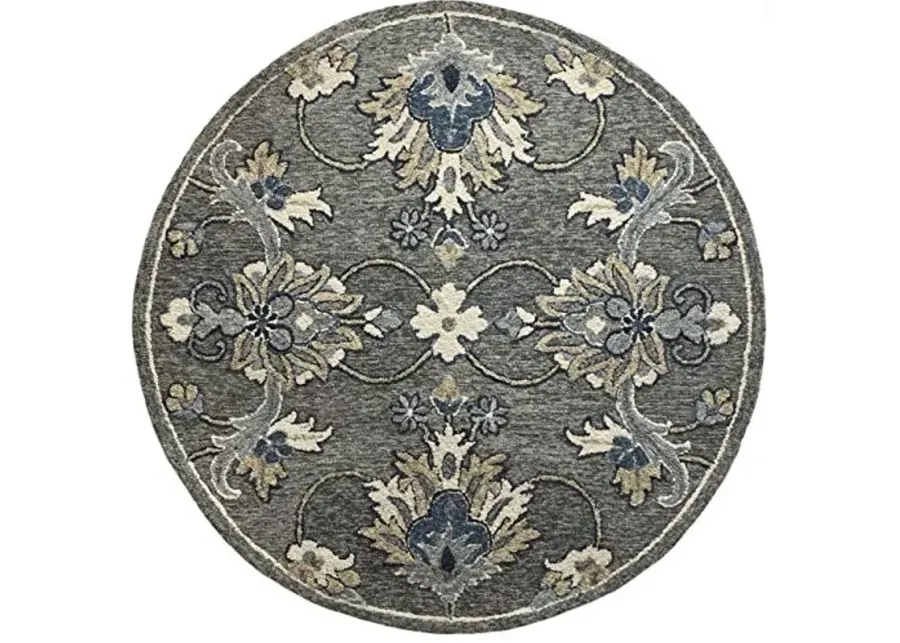 LR Home Traditional Gray Floral Jacobean Round Rug, 3' Round-Grey