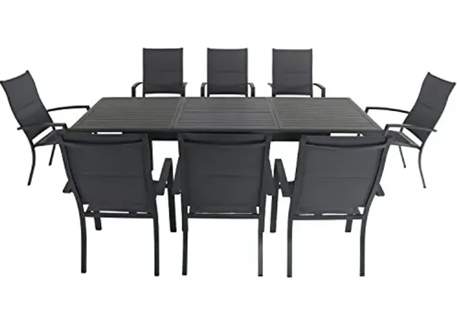 Hanover Cameron 9-Piece Modern Outdoor Dining Set, 8 Stackable Sling Chairs, 40'' x 94'' Expandable Table, Durable, Weather Protected Aluminum Frame, Gray-Gray