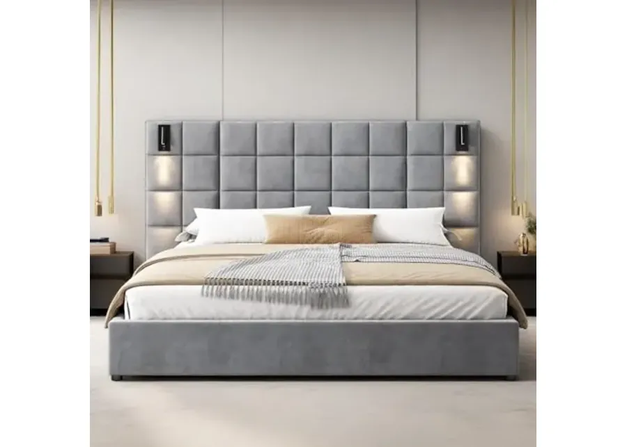 Christopher Knight Home Svens 46" High Headboard Bed, King Size Platform Bed Frame, Soft Velvet Bed Frame, King Size Headboard, Square Pattern Design with Reading Lamps and USB Ports, Grey-Grey
