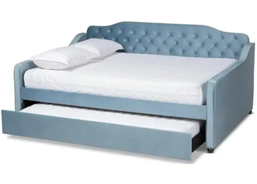 Baxton Studio Freda Transitional and Contemporary Light Blue Velvet Fabric Upholstered and Button Tufted Queen Size Daybed with Trundle-Light Blue