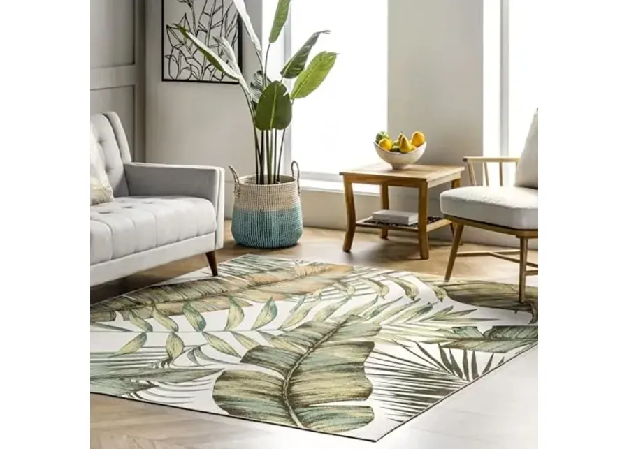 nuLOOM Elen Machine Washable Natural Leaves Ultra Thin Accent Rug, 2' x 3', Olive-Elen Sage Green