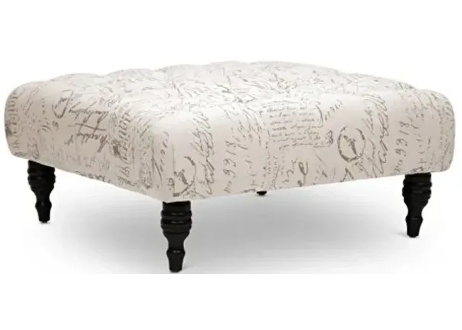 Baxton Studio Keswick Script Print Modern Tufted Ottoman, Beige-Beige