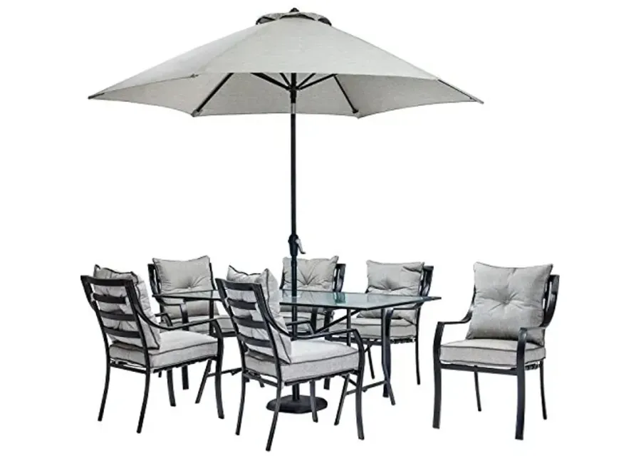 Hanover Lavallette 7-Piece Patio Dining Set, Steel Outdoor Dining Set for 6 with Silver Linings Cushions, Dining Chairs and Tempered Glass Rectangular Dining Table-Silver