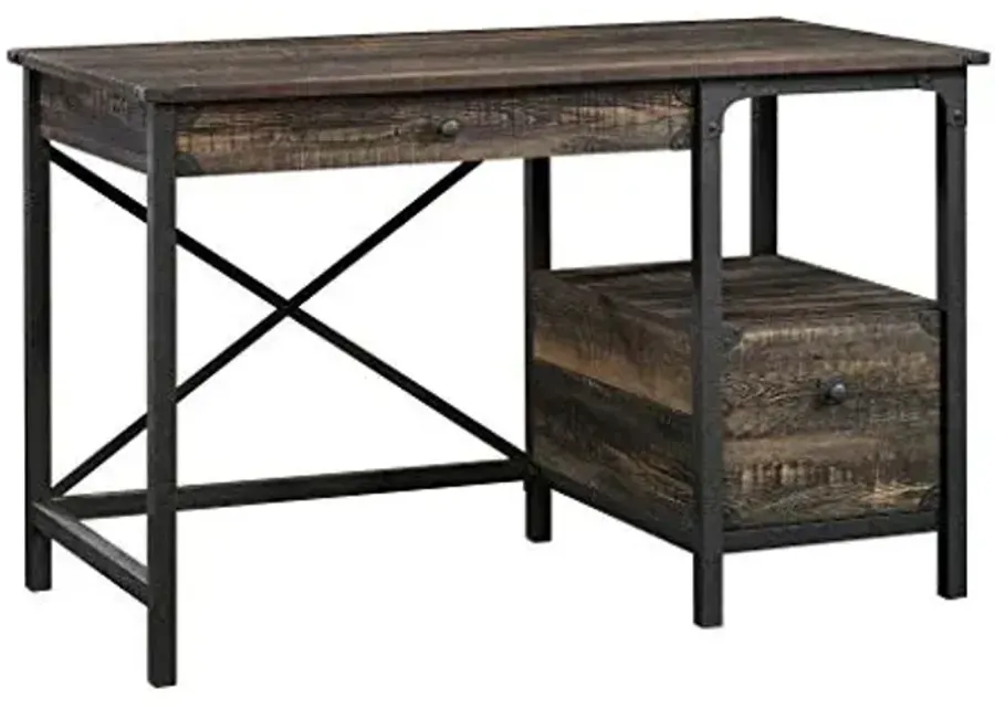 Sauder Steel River Desk, Industrial Office Desk with Two Drawers and Open Shelf - Carbon Oak Finish-Carbon Oak