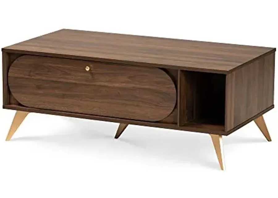 Baxton Studio Edel Mid-Century Modern Walnut Brown and Gold Finished Wood Coffee Table-Walnut Brown, Gold