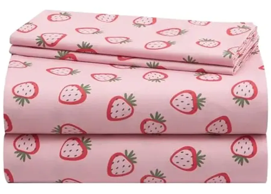 Urban Lifestyle 4 Piece Sheet Set, Including Top Sheet, Fitted Sheet and 2 Pillow Cases, Pink Strawberry, Queen