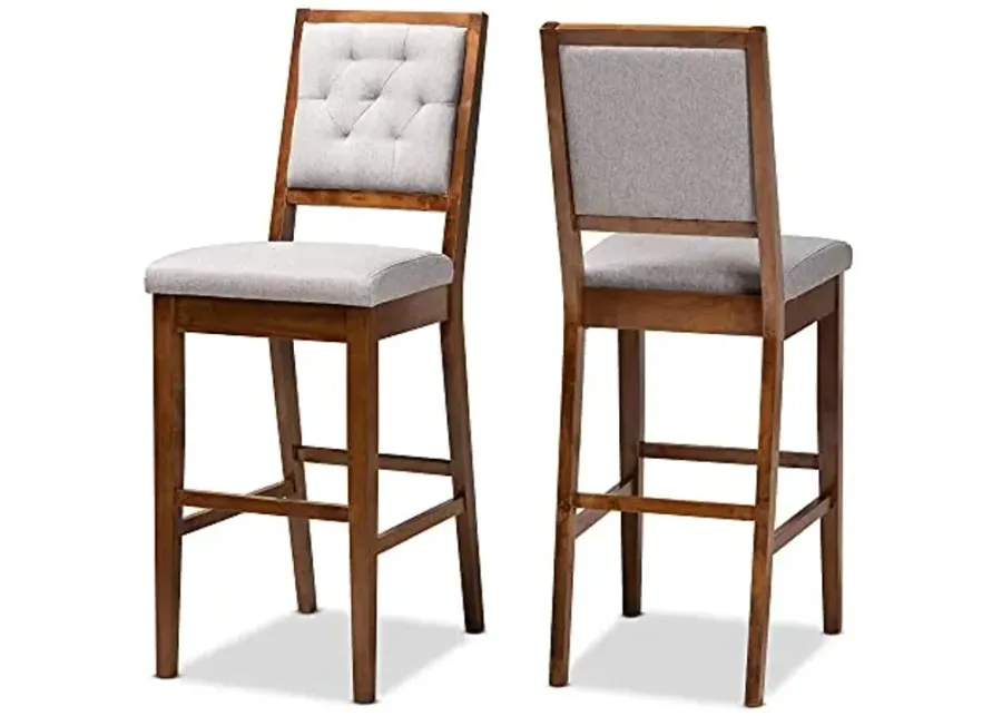 Baxton Studio Gideon Modern and Contemporary Grey Fabric Upholstered and Walnut Brown Finished Wood 2-Piece Bar Stool Set-Grey, Walnut Brown