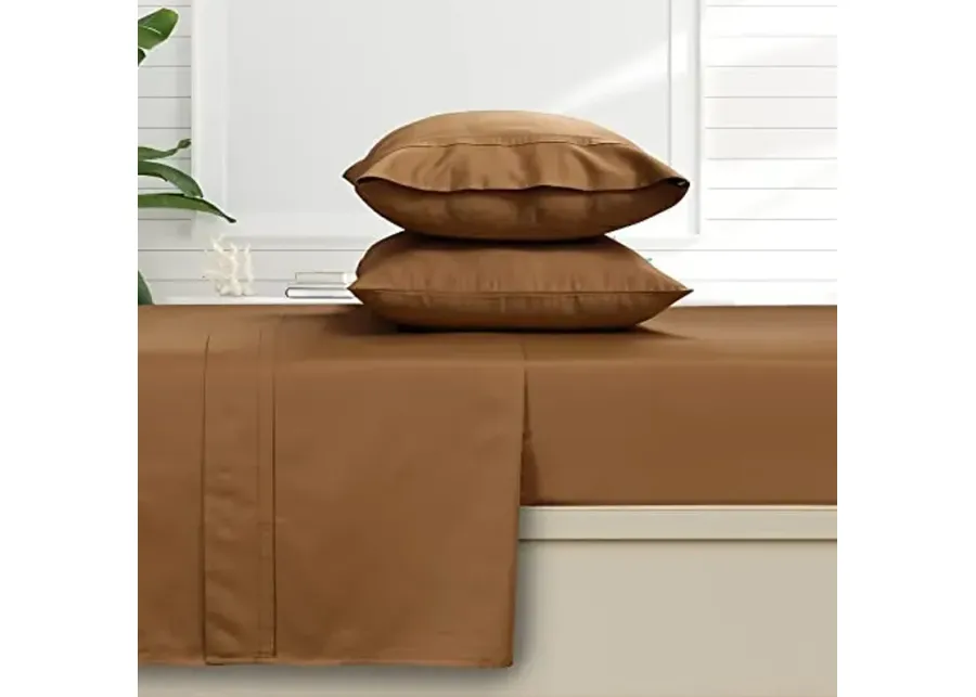 Tribeca Living Solid Sheets Set, Soft Egyptian Cotton Sateen Deep Pocket Bedsheets and Matching Pillowcases, 500 Thread Count, 4-Piece Luxury Bedding, California King, Cafe-Caf