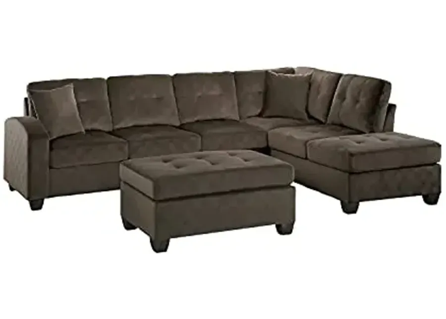 Lexicon Lewis 3-Piece Velvet Fabric Tufted Reversible Sectional with Ottoman Set, Chocolate-Chocolate