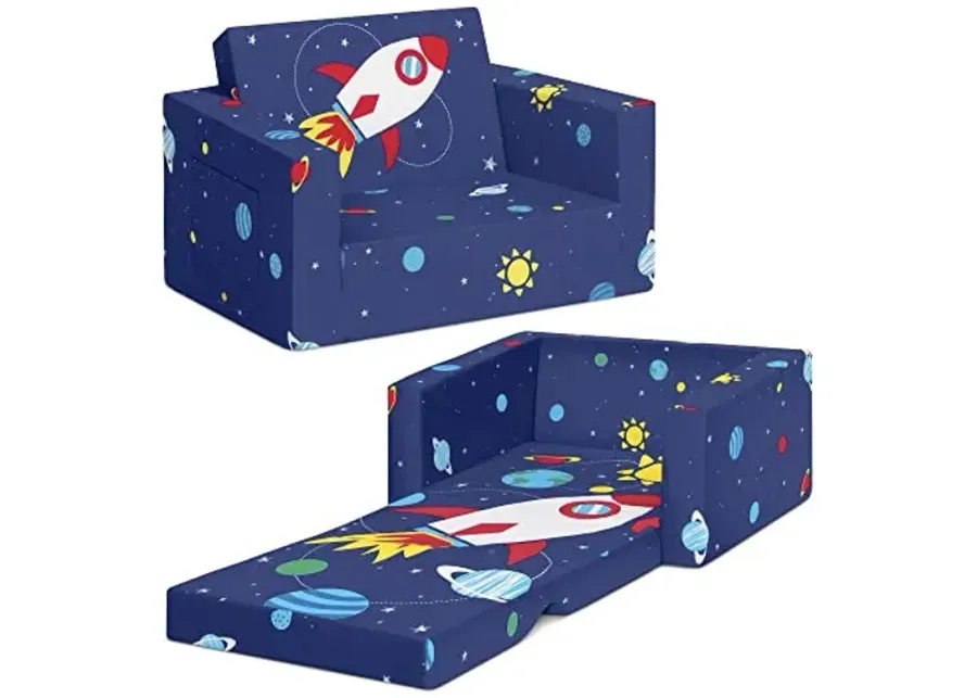 Delta Children Cozee 2-in-1 Kids Couch and Kids Sofa - Baby Sofa with Foam Construction, Stain Resistant and Machine Washable Cover, Side Pocket, Space Theme, 24" W x 17" D x 15" H-Space