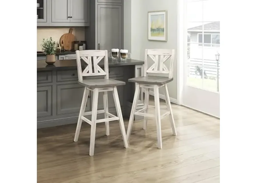 Swivel Pub Bar Height Stools Set of 2, Modern Solid Wood Kitchen Bar Height Stools with Backs, High Back, Swivel Seat, Footrest for Kitchen Island, Easy Assembly, Divided X-Back, 29"SH, White-White