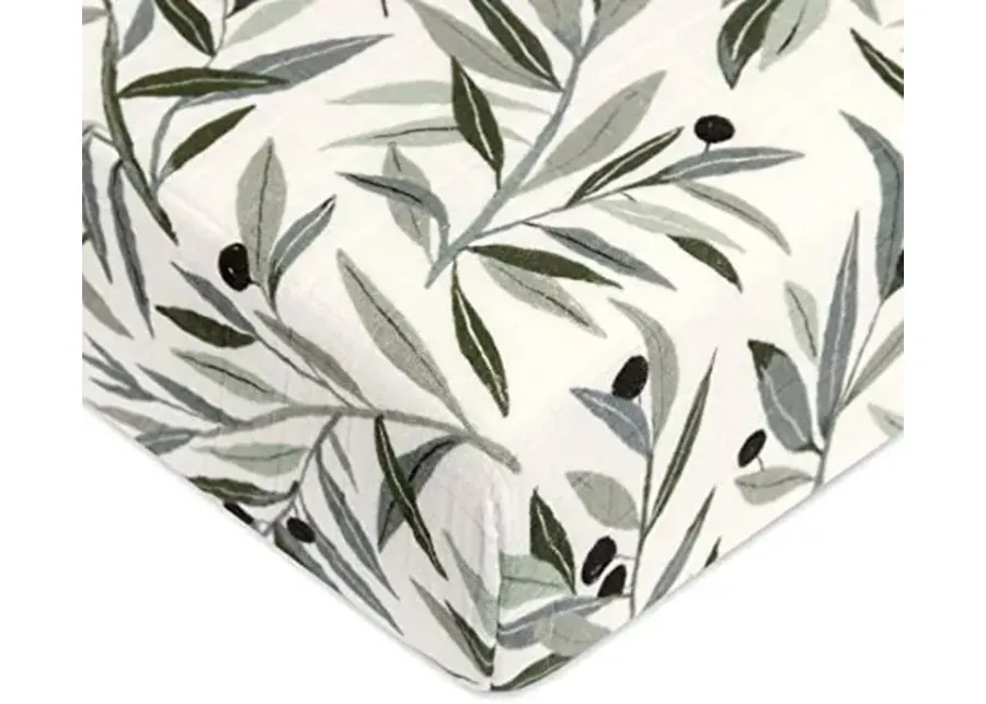 Babyletto 100% Organic Cotton Crib Sheet, GOTS-Certified, Fitted 360æ³, Ultra-Soft and Breathable Muslin - Olive Branches-Olive Branches