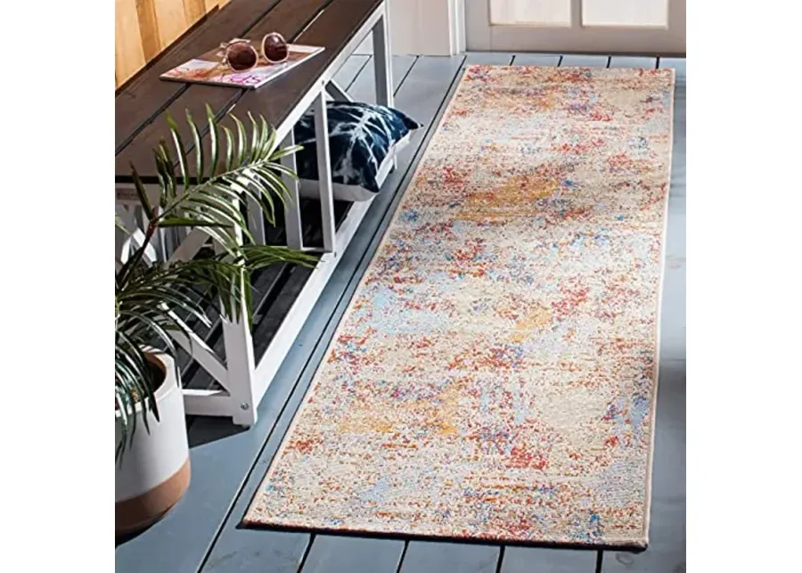 SAFAVIEH Summer Collection 2' x 8' Ivory / Light Blue SMR451A Boho Indoor/ Outdoor Non-Shedding Easy scrubbing Patio Backyard Porch Deck Mudroom Runner-Rug-Ivory, Light Blue