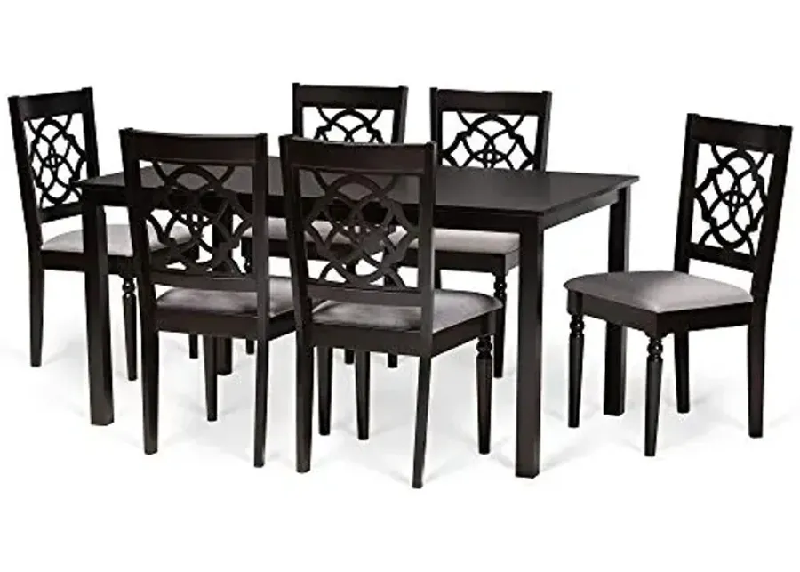 Baxton Studio Renaud 7-Piece Dining Set - Grey Fabric Upholstered, Dark Brown Wood-Grey, Dark Brown
