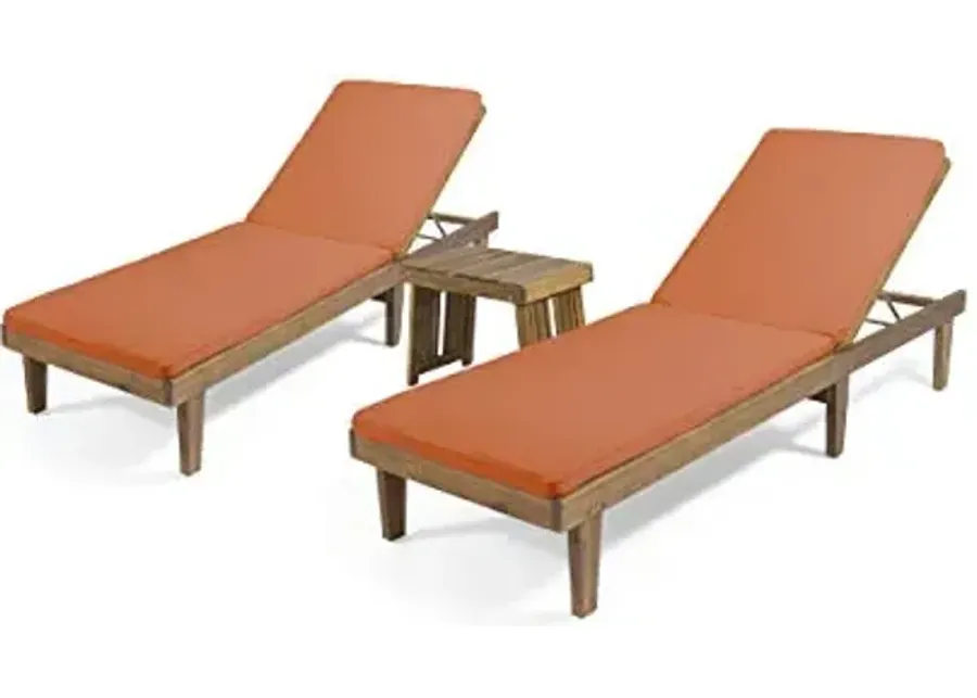Christopher Knight Home William Outdoor Acacia Wood 3 Piece Chaise Lounge Set, Teak Finish, Rust Orange-Rust Orange