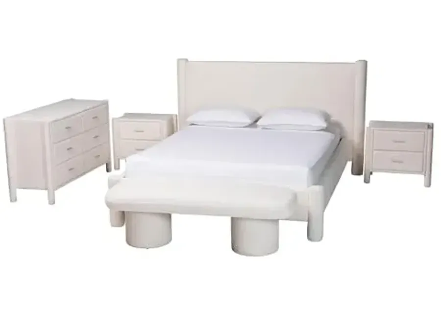 Baxton Studio Laria White Teddy-Bear Fabric Queen Size 5-Piece Bedroom Set-White