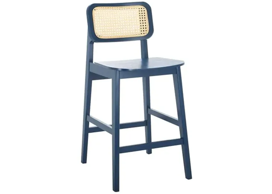 SAFAVIEH Home Collection Luz Navy Blue & Natural Rattan Cane 25-inch Seat Height Counter Stool-Navy, Natural Rattan