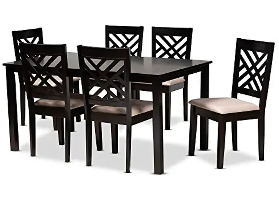 Baxton Studio Fallon Dining Set - Sand Fabric Upholstered Espresso Brown Finished Wood 7-Piece Set-Sand
