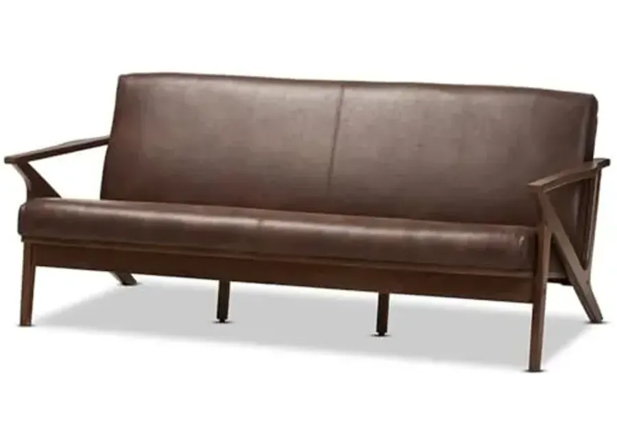 Baxton Studio Bianca Mid-Century Modern Walnut Wood Dark Brown Distressed Faux Leather 3-Seater Sofa Mid-Century/Dark Brown/Walnut Brown/Faux Leather/Rubber Wood/-Brown