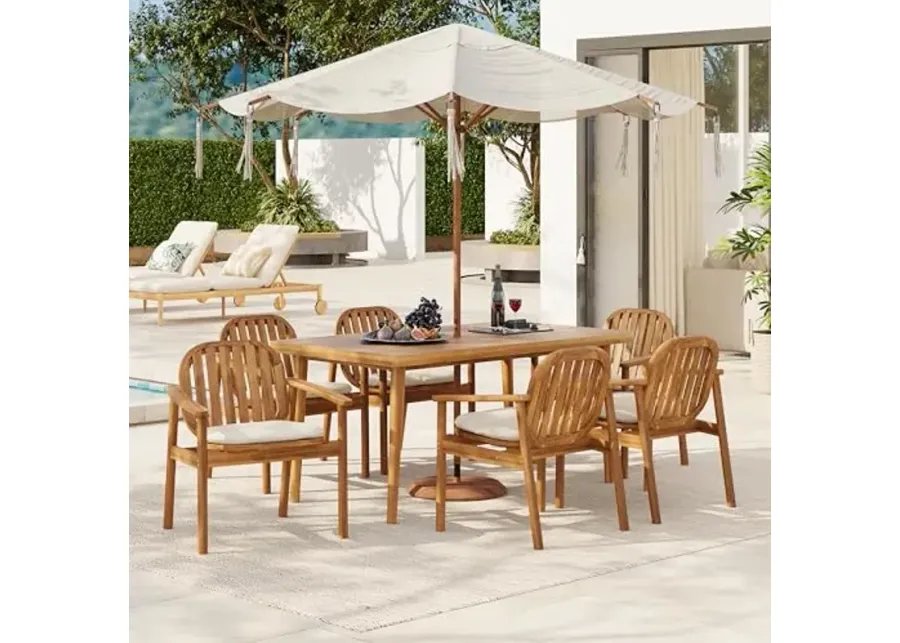 Christopher Knight Home Meja Acacia Wood Outdoor Dining Set for 6, Wooden 7 Piece Patio Dining Table Set, Wooden Outdoor Dining Armchair and Table Set with Cushion, Patio Furniture Set, Teak+Beige-Teak+beige