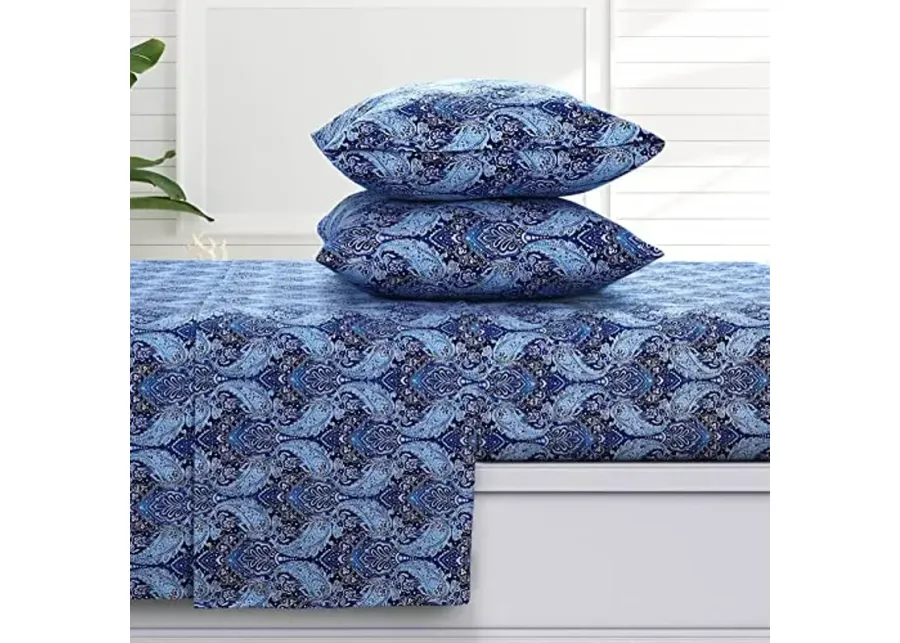 Tribeca Living Sofi Paisley Flannel Cal King Sheet Set, Super Soft 100% Cotton, Extra Deep Pockets, Dark Blue-6