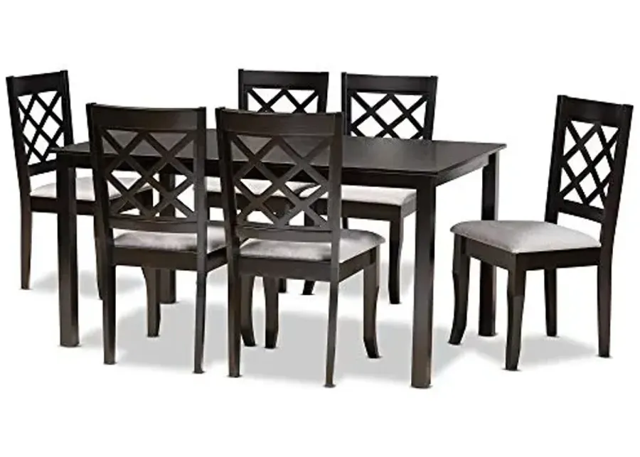 Baxton Studio Verner Dining Set - Grey Fabric Upholstered, Dark Brown Wood, 7-Piece-Grey, Dark Brown