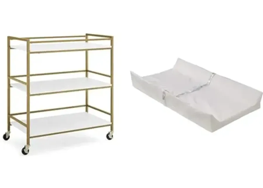 Delta Children Jade Changing Table/Cart, White Melamine/Bronze & Foam Contoured Changing Pad with Waterproof Cover-Bianca White, Bronze