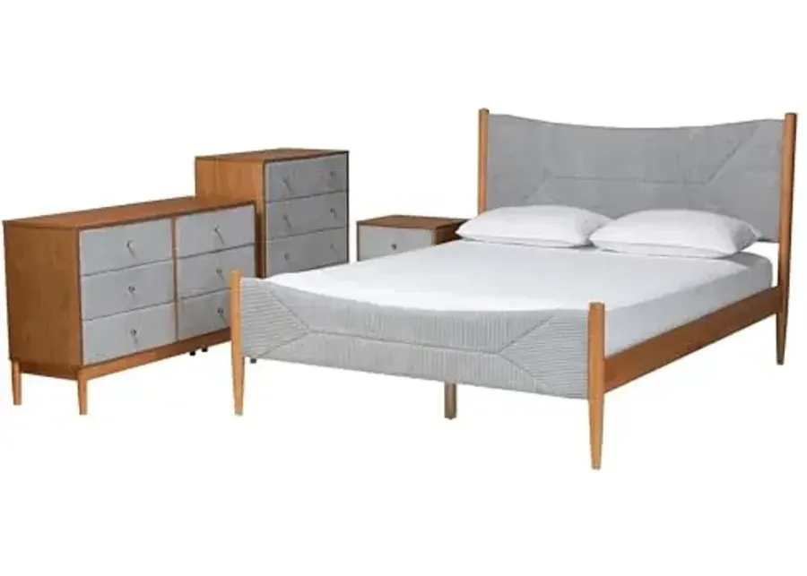 Baxton Studio Taylin Corduroy Fabric Bedroom Set, 4-Piece(1 Nightstand Included), Queen, Grey/Oak Brown-Grey, Oak Brown