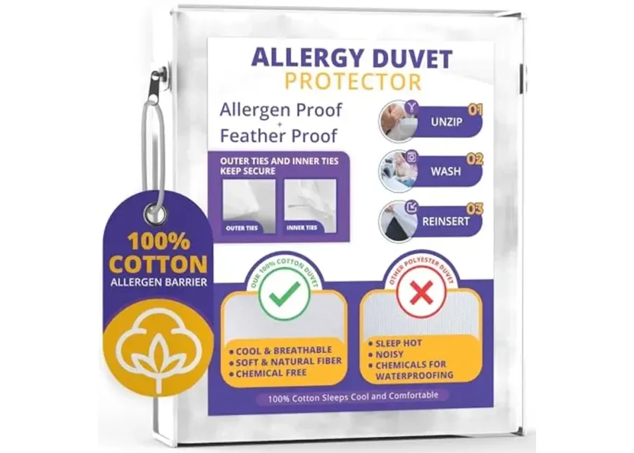 Allersoft| All Cotton Dust, Pet Dander, Feather, Pollen & Allergy Control Duvet Protector (106x96)-White