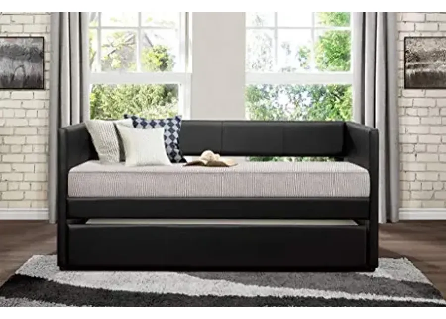 Homelegance Adra PU Leather Upholstered Daybed with Trundle, Twin, Black-Black