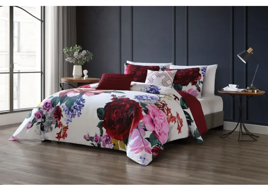 Magenta Floral 5 Piece 100% Cotton Reversible Comforter Set - Queen-92