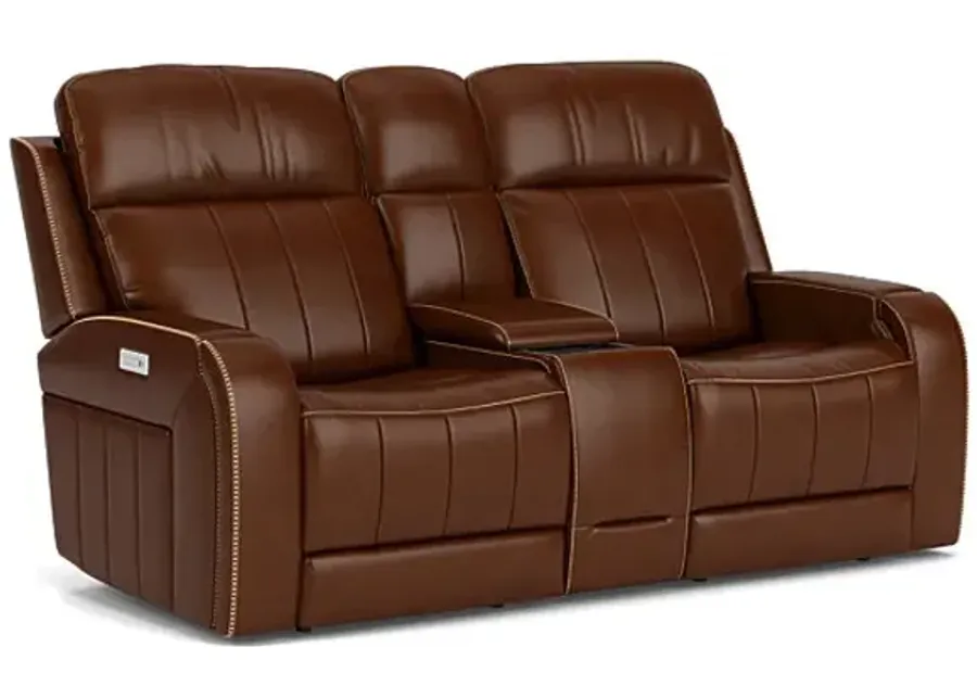 Maverick Brown Audio Triple Power Leather Reclining Console Loveseat-75