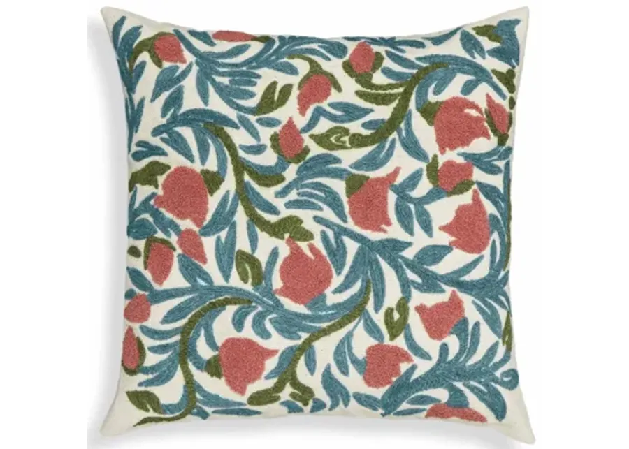 Tulip Embroidered Floral Wool 20" Square Accent Cushion-20
