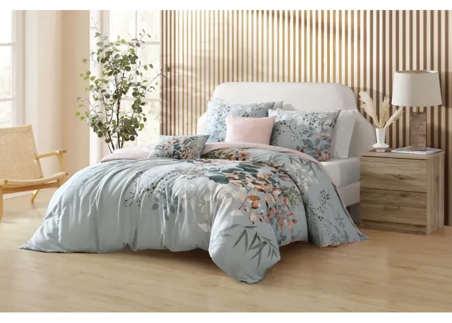 Peach Leaves on Sage 5 Piece 100% Cotton Reversible Comforter Set - Queen-92