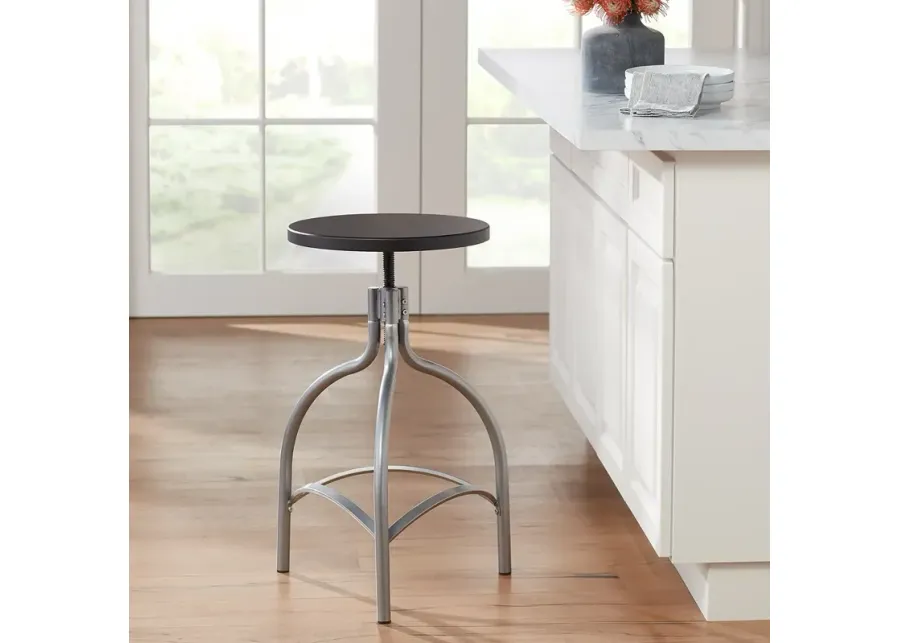 Talor Modern Silver and Black Metal and Wood Adjustable Swivel Barstool-silver