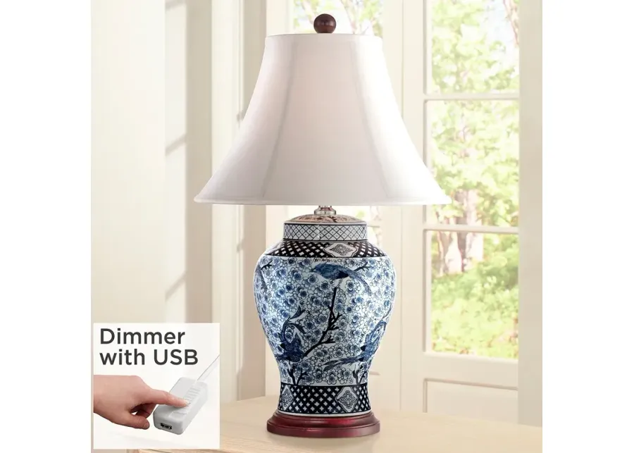 Barnes and Ivy Shonna 27" Blue White Porcelain Lamp with USB Dimmer
