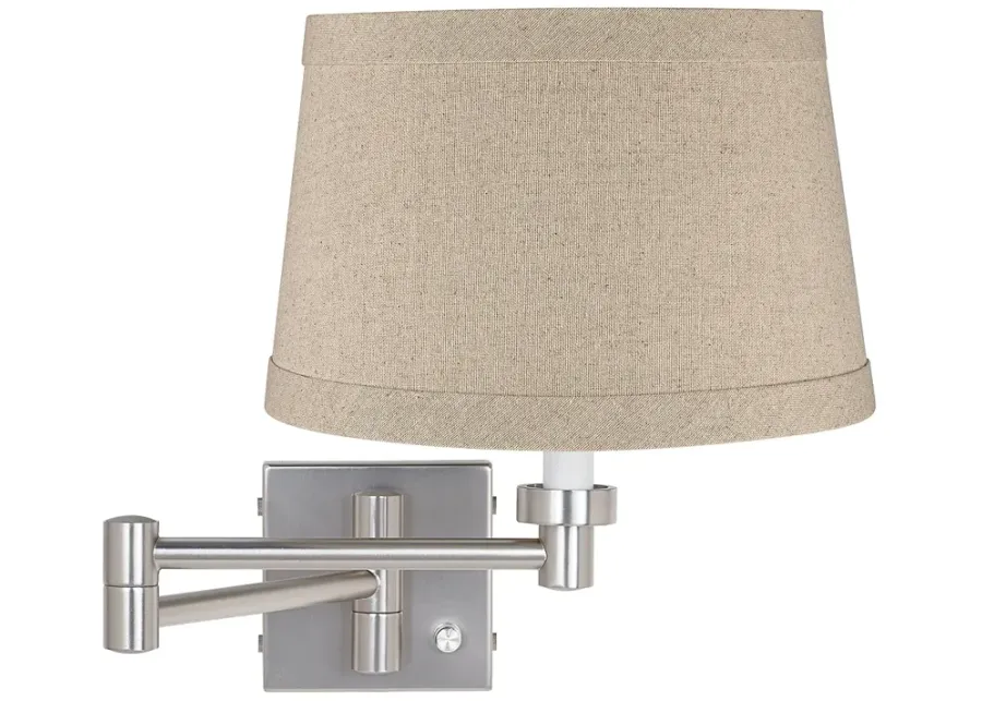 Possini Euro Natural Linen Drum Brushed Nickel Swing Arm Wall Lamp-silver