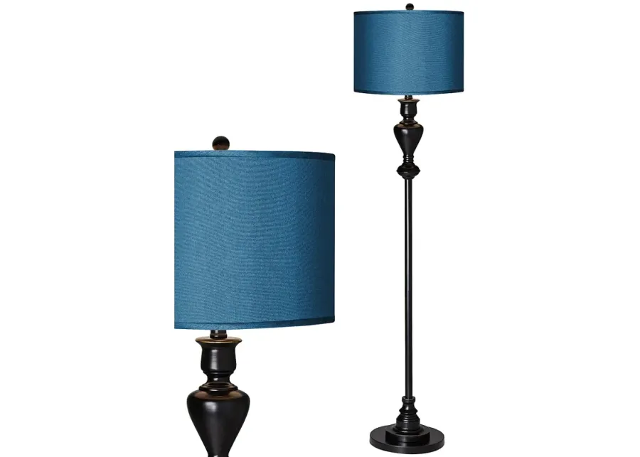 Possini Euro 58" Blue Faux Silk Shade Black Bronze Font Floor Lamp-brown