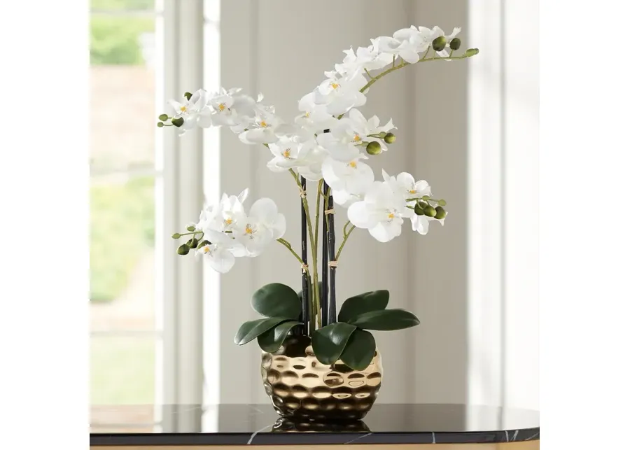 White Phalaenopsis 23"H Faux Orchid in Gold Ceramic Pot-gold