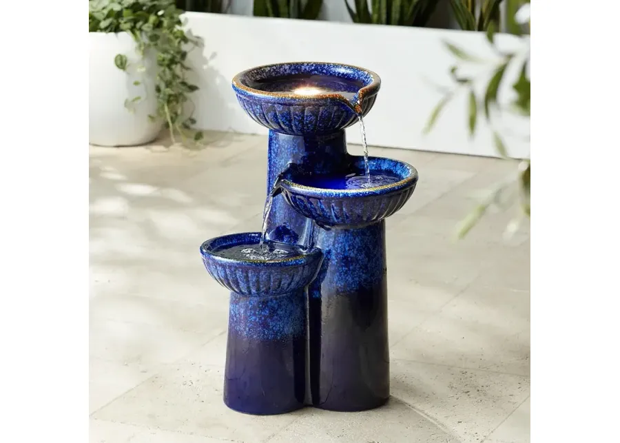 3-Bowl 26 3/4" High Blue Cobalt Ceramic LED Fountain-red