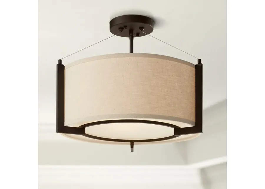 Possini Euro Stinson 17 1/4" Linen and Bronze 3-Light Ceiling Light-brown
