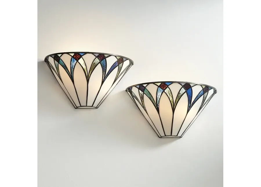 Regency Hill Filton 6" Blue Petals Tiffany-Style Wall Sconces Set of 2-green