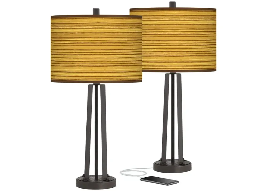Tawny Zebrawood Susan Dark Bronze USB Table Lamps Set of 2-brown