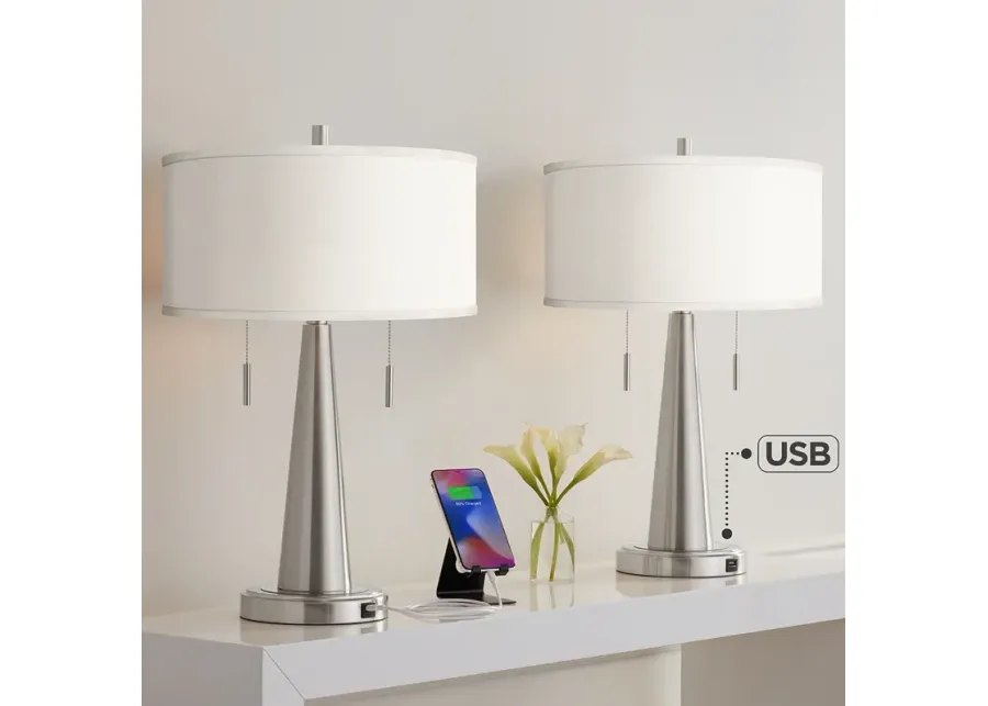 Possini Euro Vicki 23" Cream Faux Silk Nickel USB Table Lamps Set of 2-silver