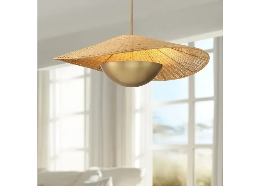 Nestor 36" Wide Legacy Brass and Rattan Pendant Light-gold
