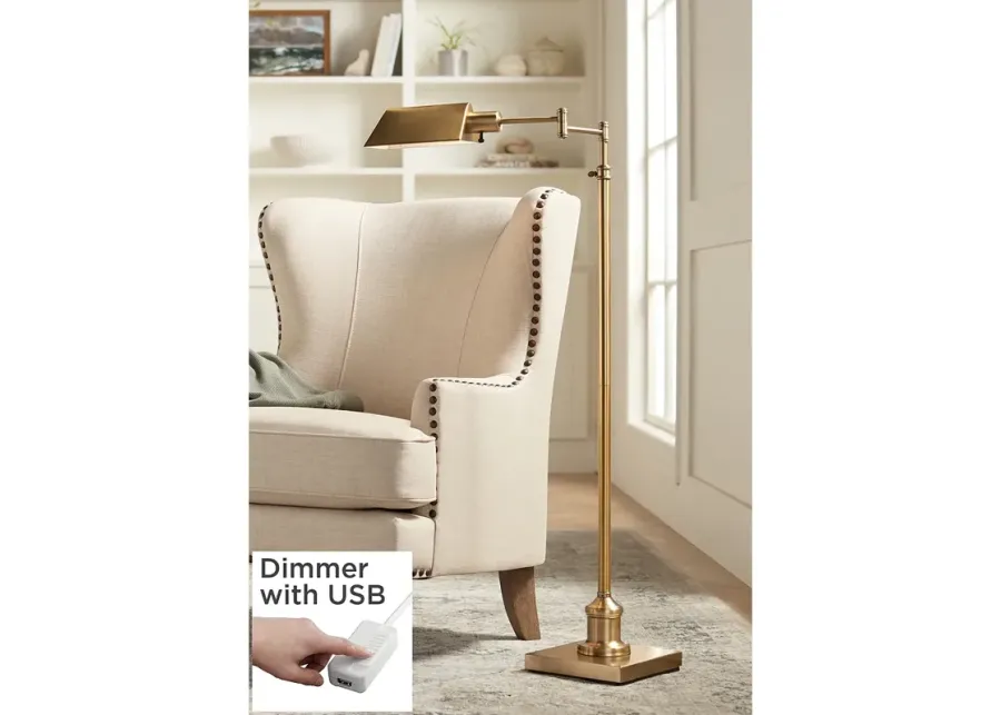 Jenson Aged Brass Adjustable Pharmacy Swing Arm Floor Lamp with USB Dimmer-gold