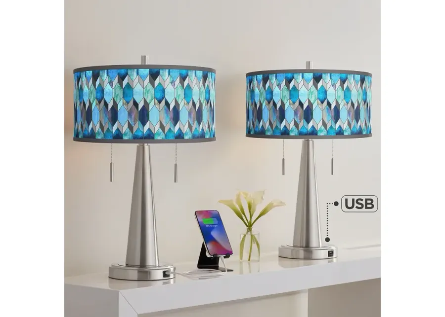 Giclee Glow Vicki 23" Blue Mosaic Shade Nickel USB Lamps Set of 2-silver