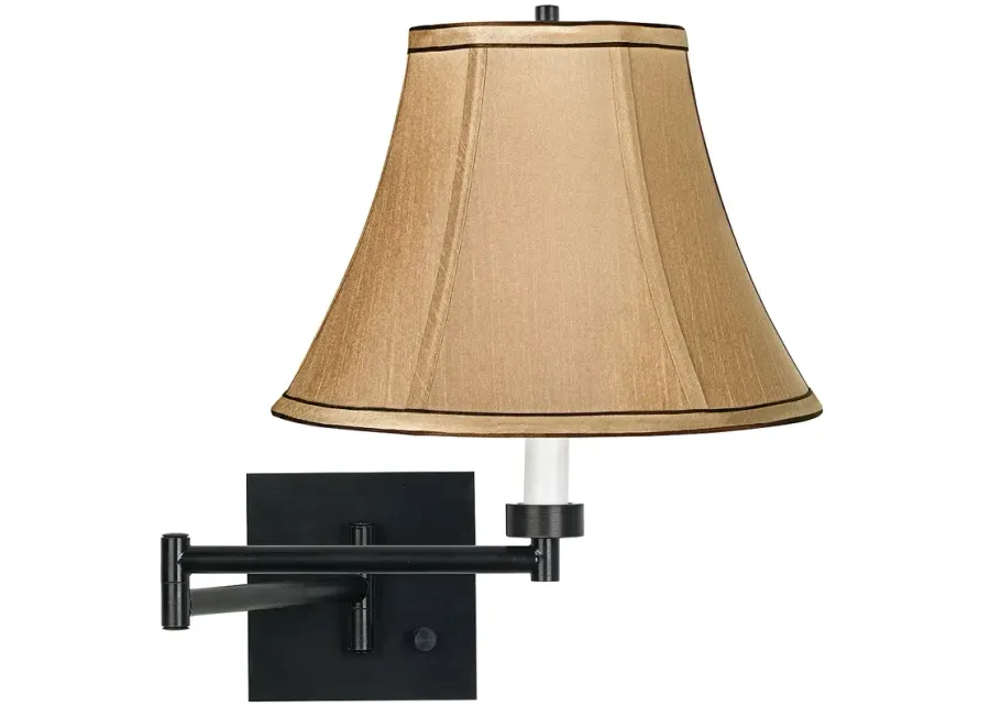 Franklin Iron Works Tan and Brown Trim Bell Shade Black Plug-In Swing Arm-black