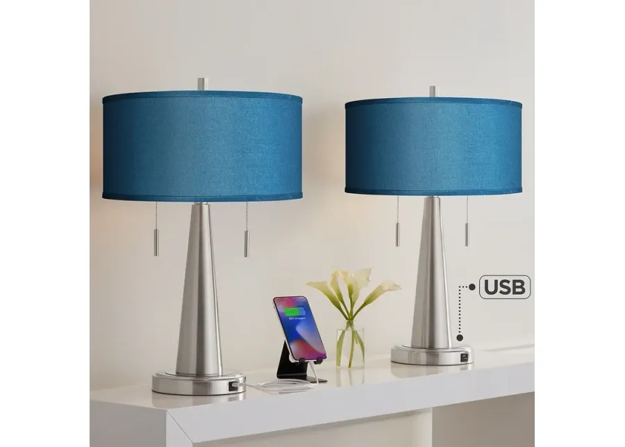 Possini Blue Vicki 23" Blue Faux Silk and Nickel USB Lamps Set of 2-silver